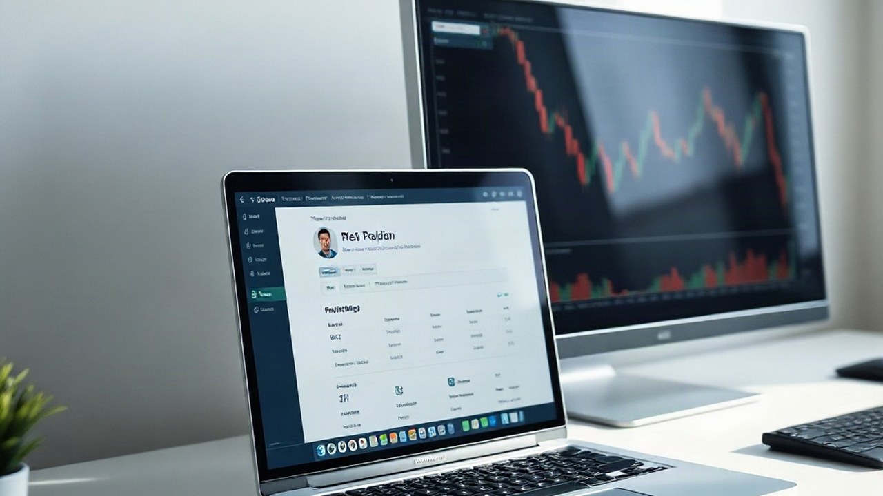 A laptop showing a professional profile next to a screen with trading charts